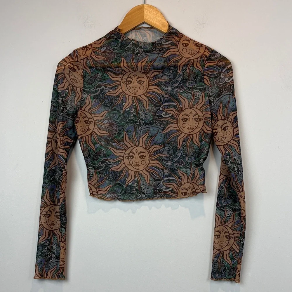 Sheer Celestial Mesh Crop Top with Lettuce Hem | Boho Layering Piece - Picture 2 of 9